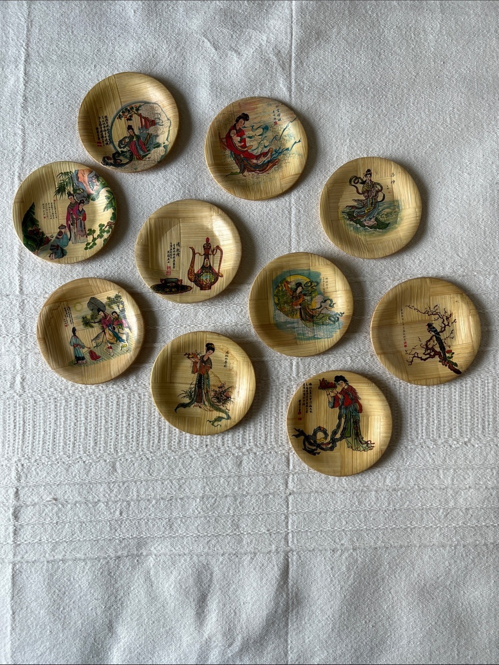 Set of 10 Vintage Decorative Bamboo Coasters with Oriental Figures